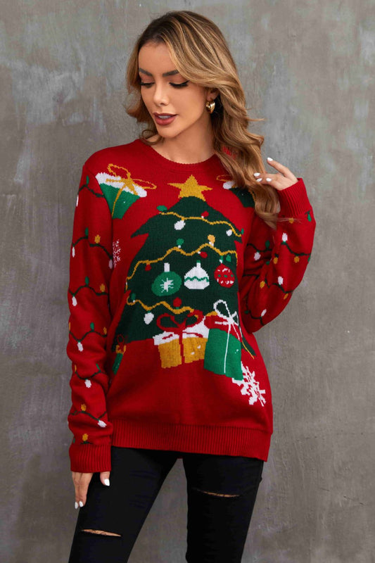 Christmas Tree Graphic Crewneck Tunic Sweater