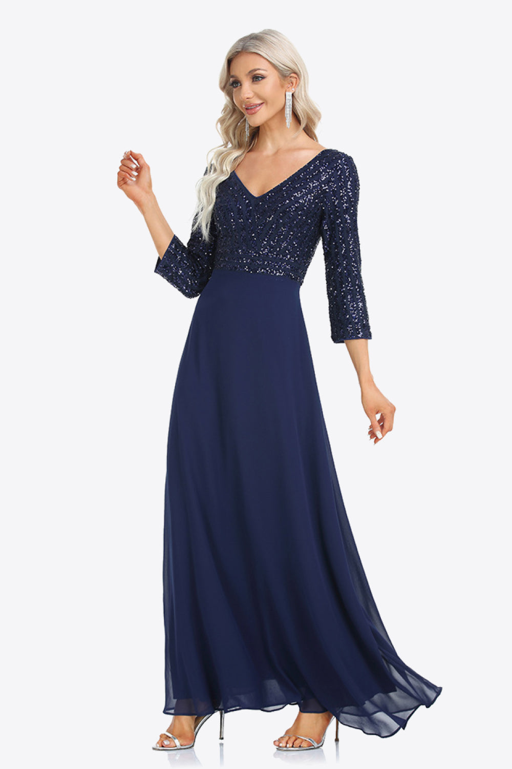 Sequin V-Neck Three-Quarter Sleeve Formal Dress