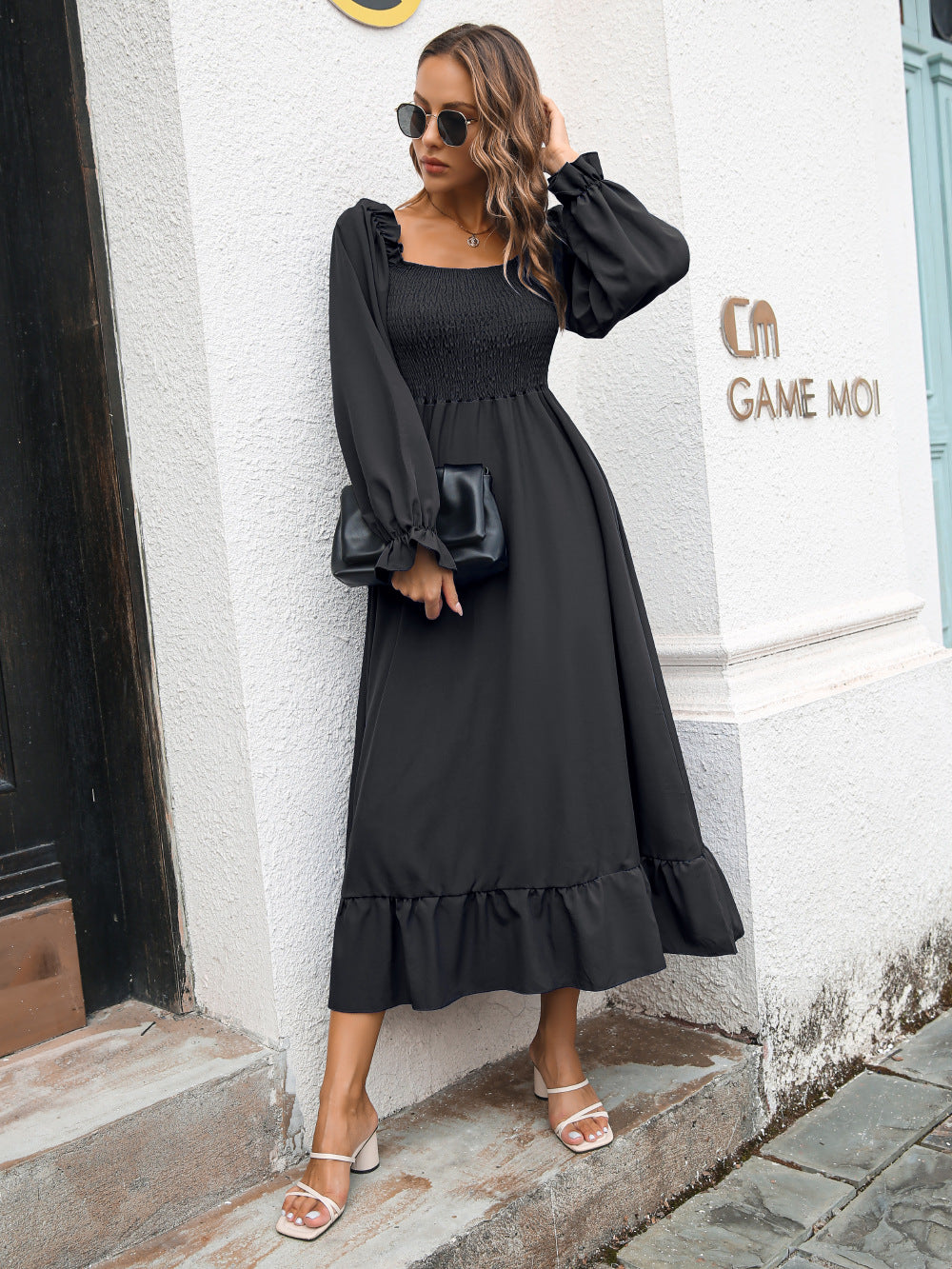 Smocked Ruffle Hem Flounce Sleeve Dress