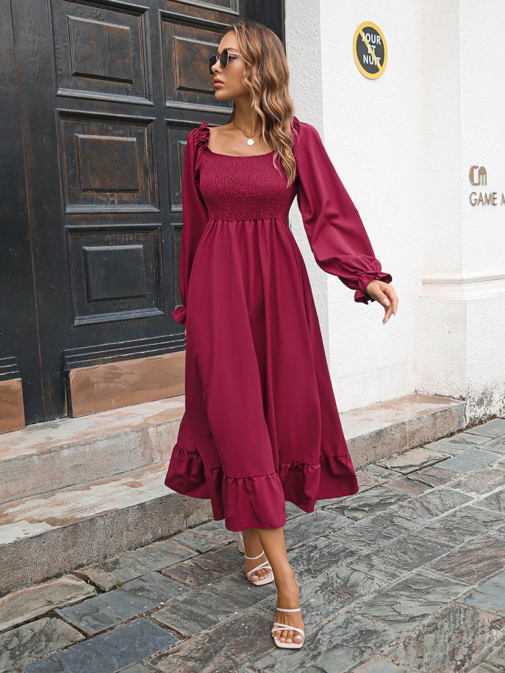 Smocked Ruffle Hem Flounce Sleeve Dress