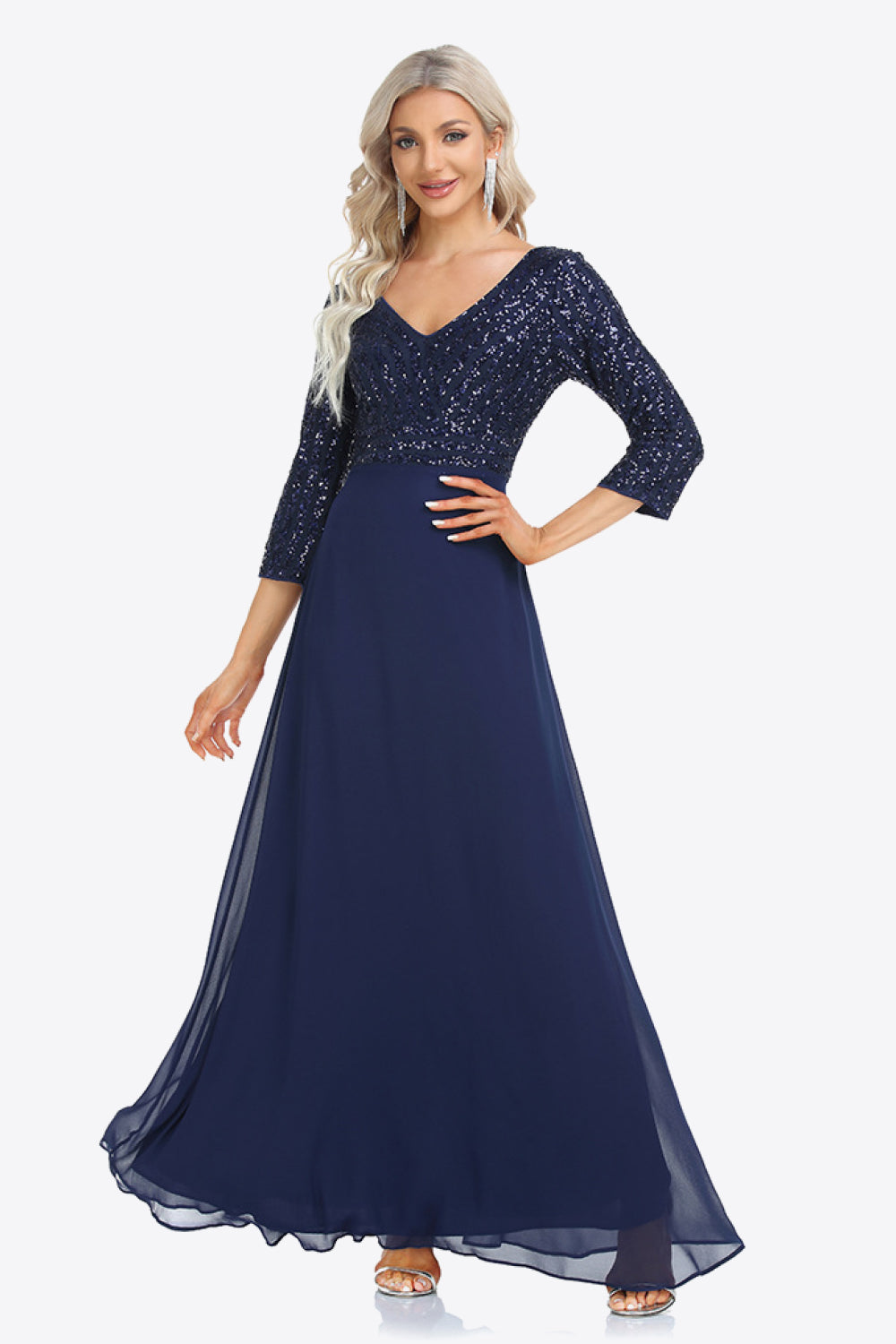 Sequin V-Neck Three-Quarter Sleeve Formal Dress