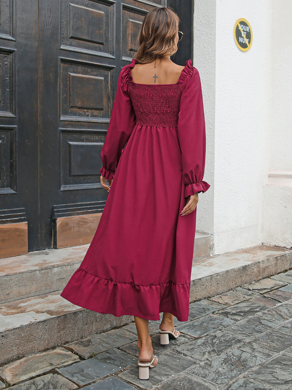 Smocked Ruffle Hem Flounce Sleeve Dress