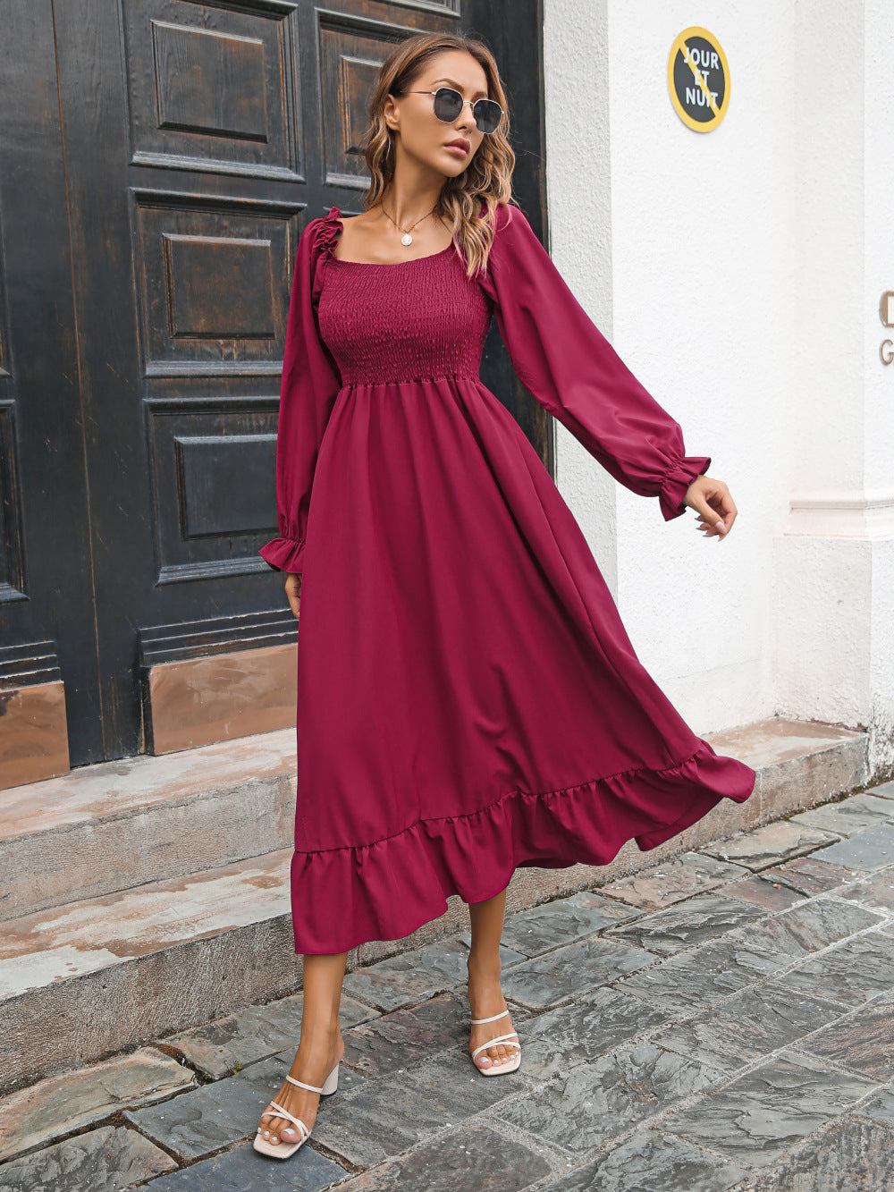 Smocked Ruffle Hem Flounce Sleeve Dress