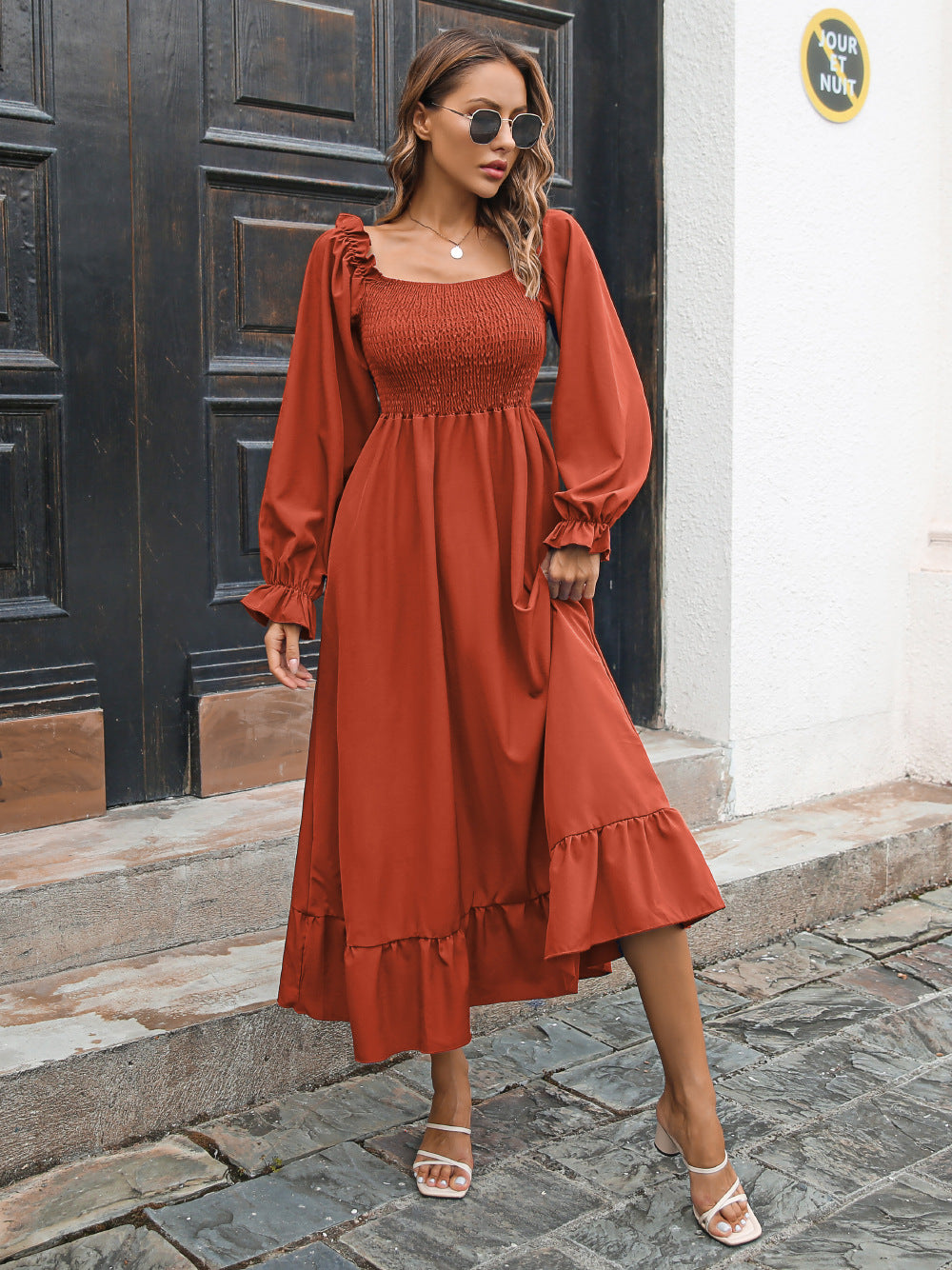 Smocked Ruffle Hem Flounce Sleeve Dress