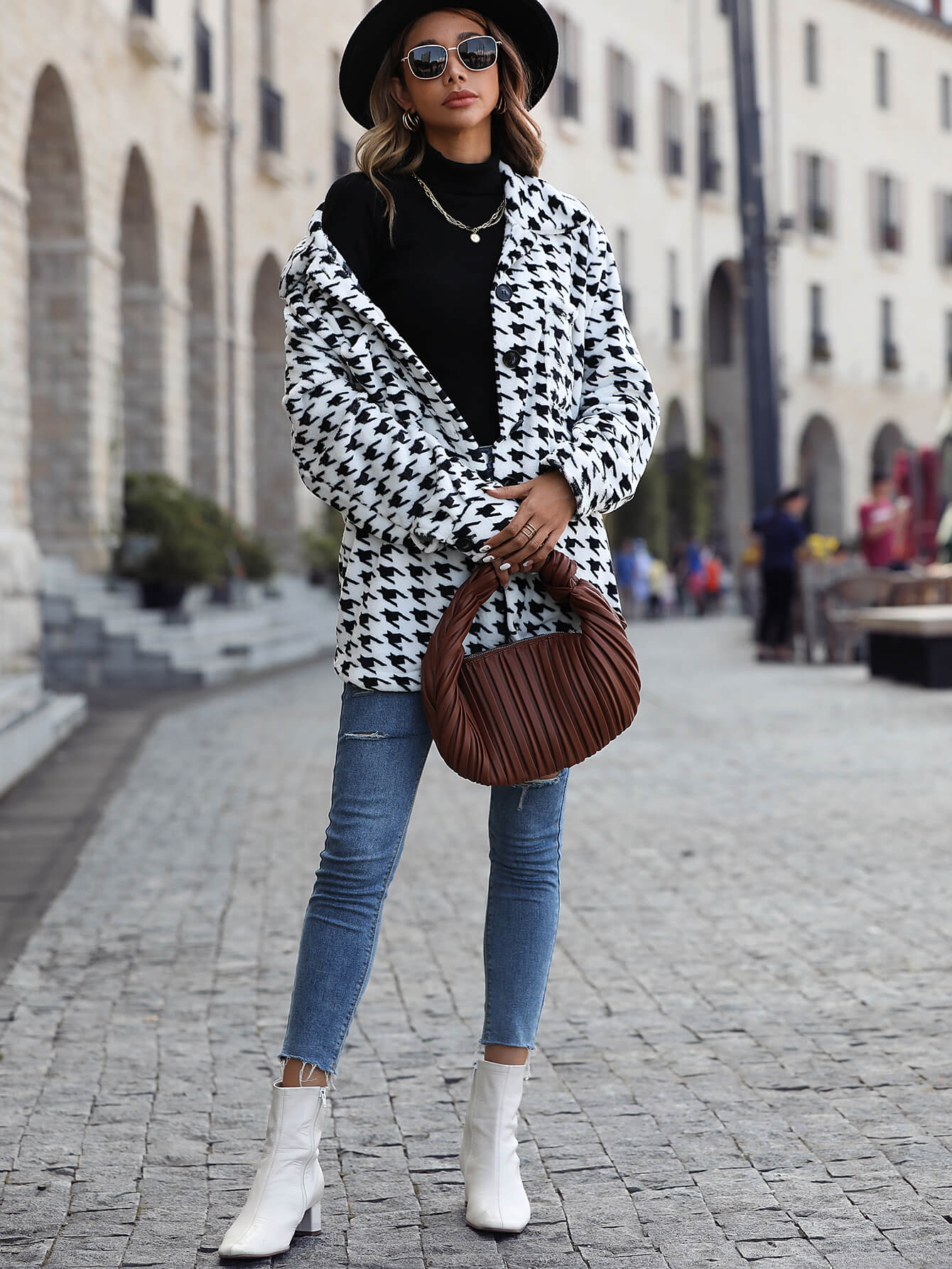 Houndstooth Side Slit Jacket with Breast Pockets