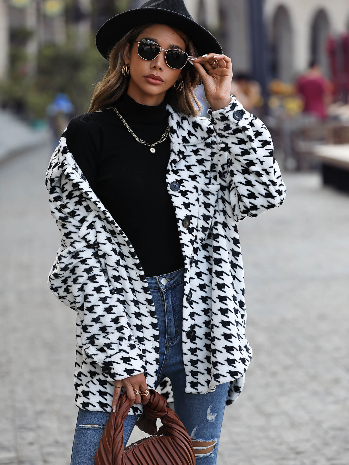 Houndstooth Side Slit Jacket with Breast Pockets