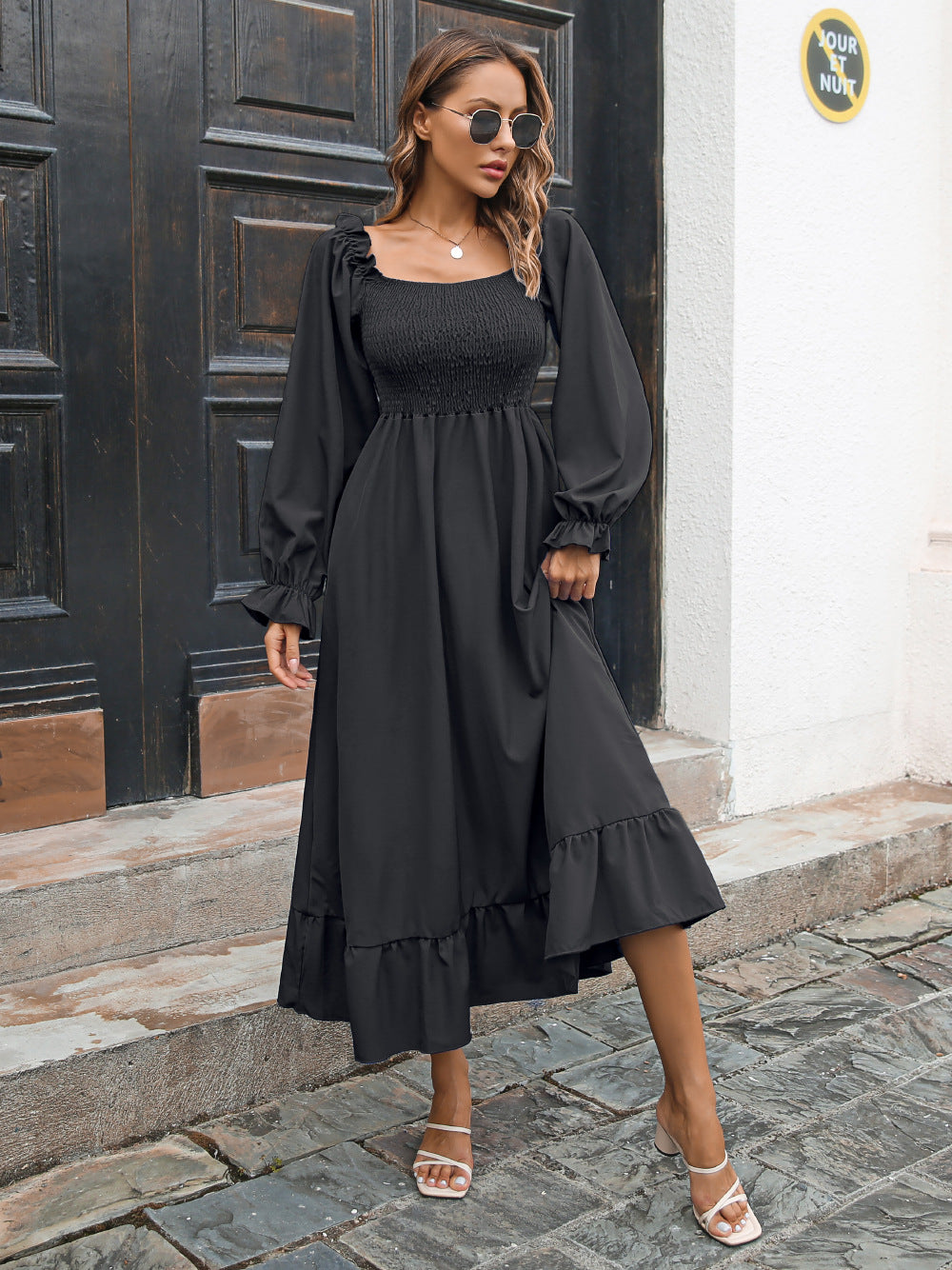 Smocked Ruffle Hem Flounce Sleeve Dress