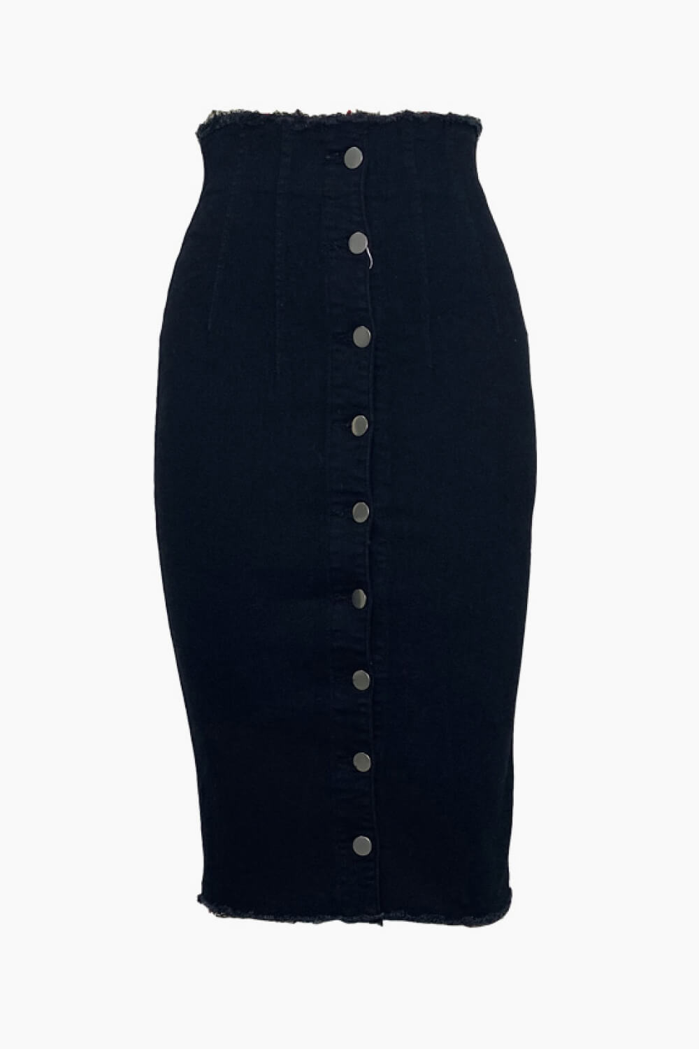 Button Front Frayed Trim Denim Pencil Skirt