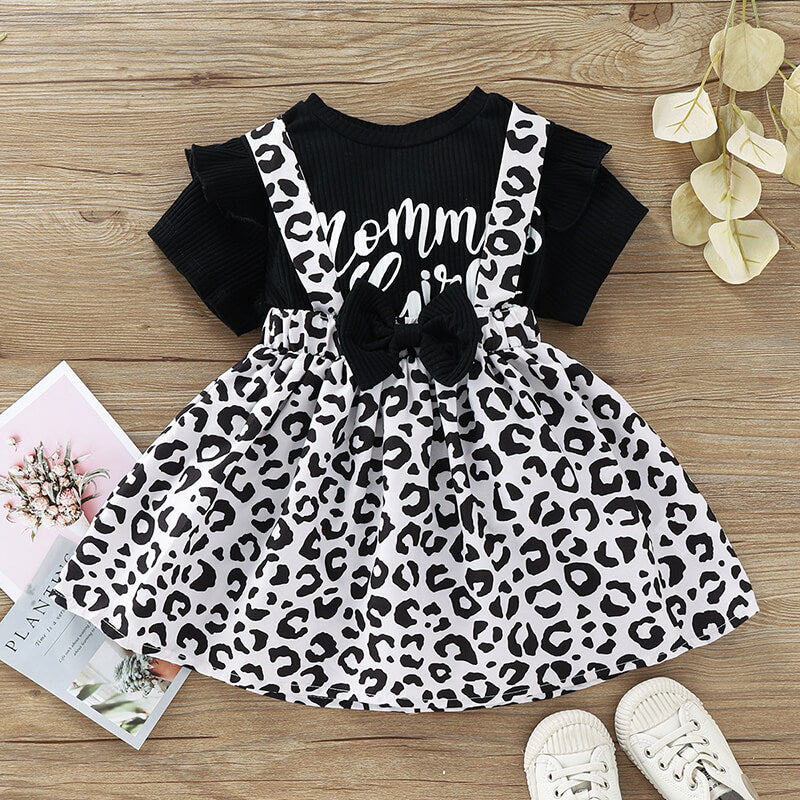 Girls Letter Graphic T-Shirt and Leopard Pinafore Skirt Set