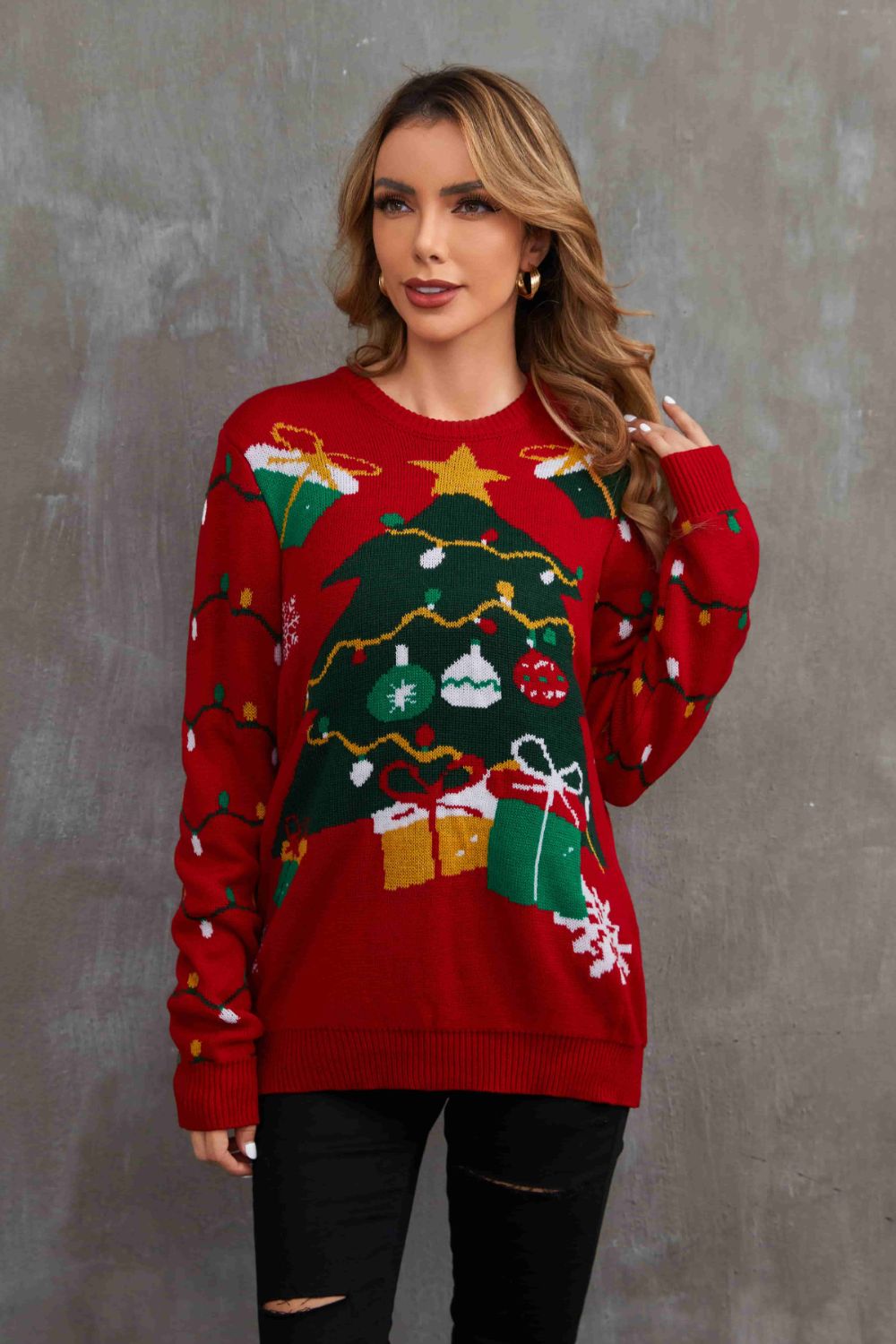 Christmas Tree Graphic Crewneck Tunic Sweater