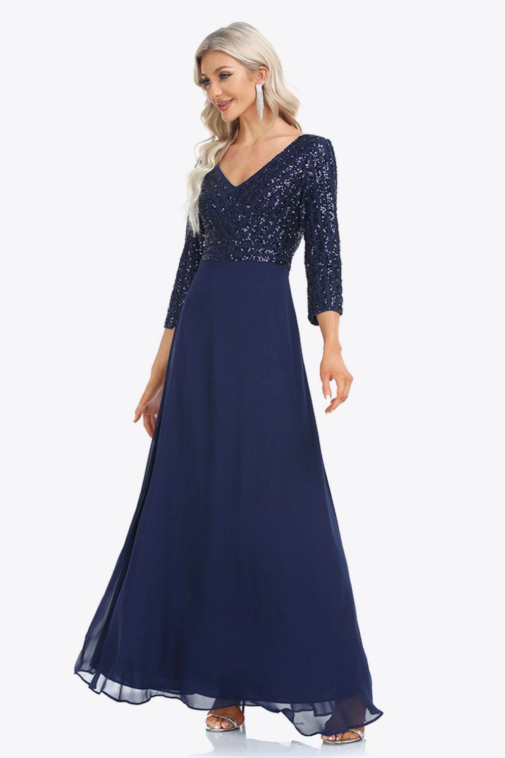 Sequin V-Neck Three-Quarter Sleeve Formal Dress