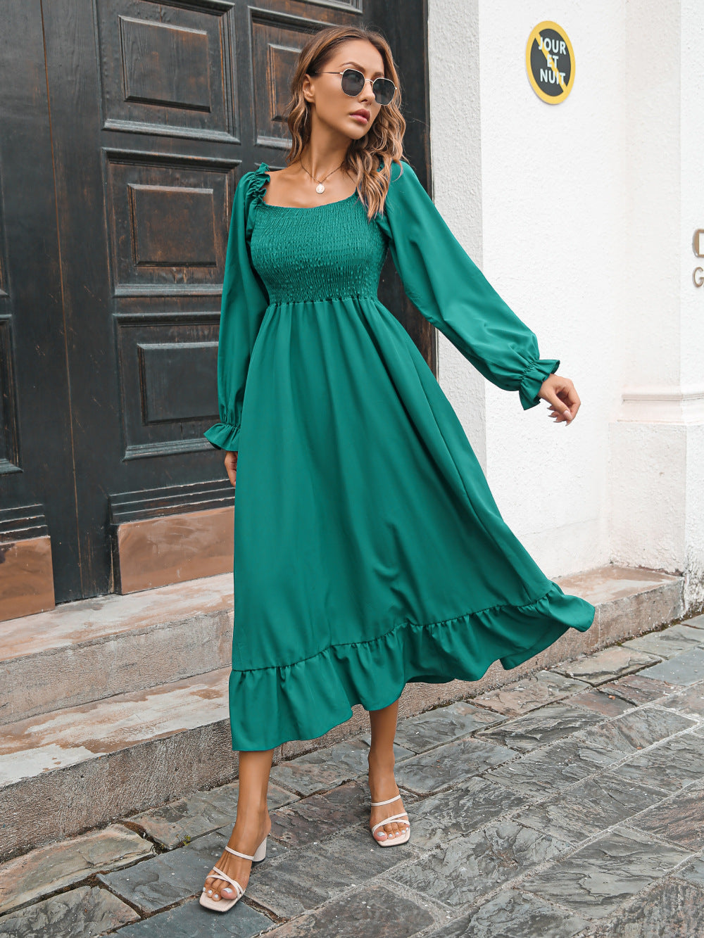 Smocked Ruffle Hem Flounce Sleeve Dress