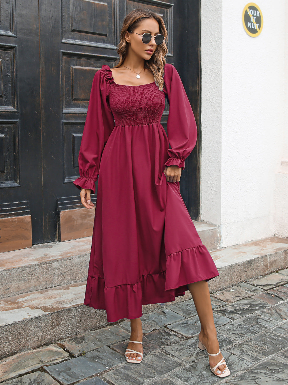 Smocked Ruffle Hem Flounce Sleeve Dress