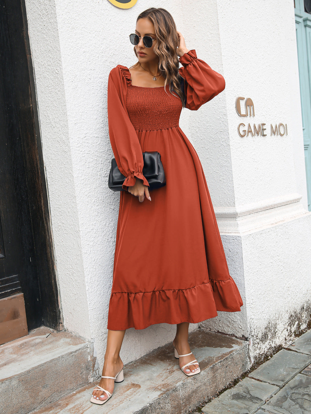 Smocked Ruffle Hem Flounce Sleeve Dress