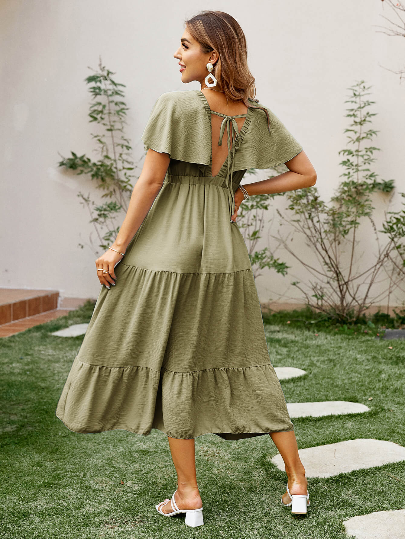 Tiered V-Neck Tie Back Midi Dress