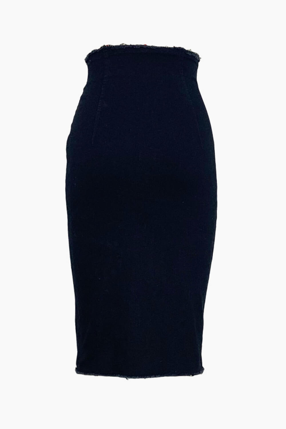 Button Front Frayed Trim Denim Pencil Skirt