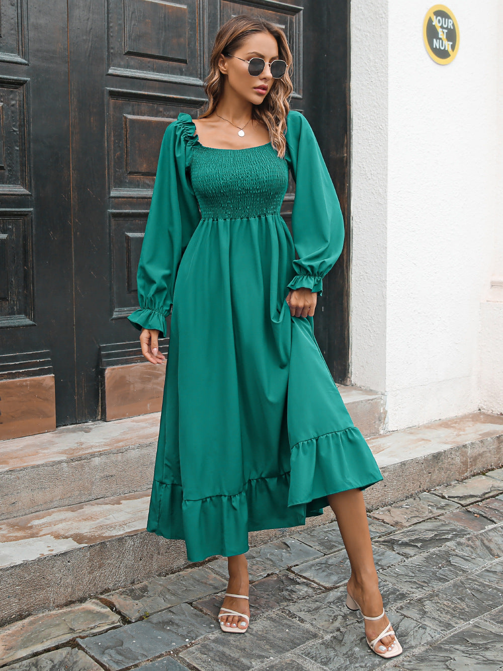 Smocked Ruffle Hem Flounce Sleeve Dress