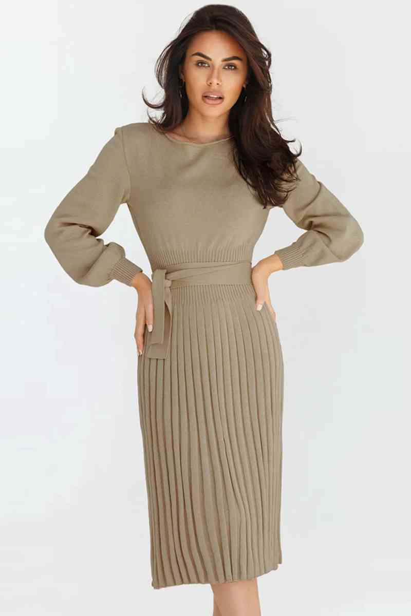 Round Neck Long Sleeve Pleated Sweater Dress