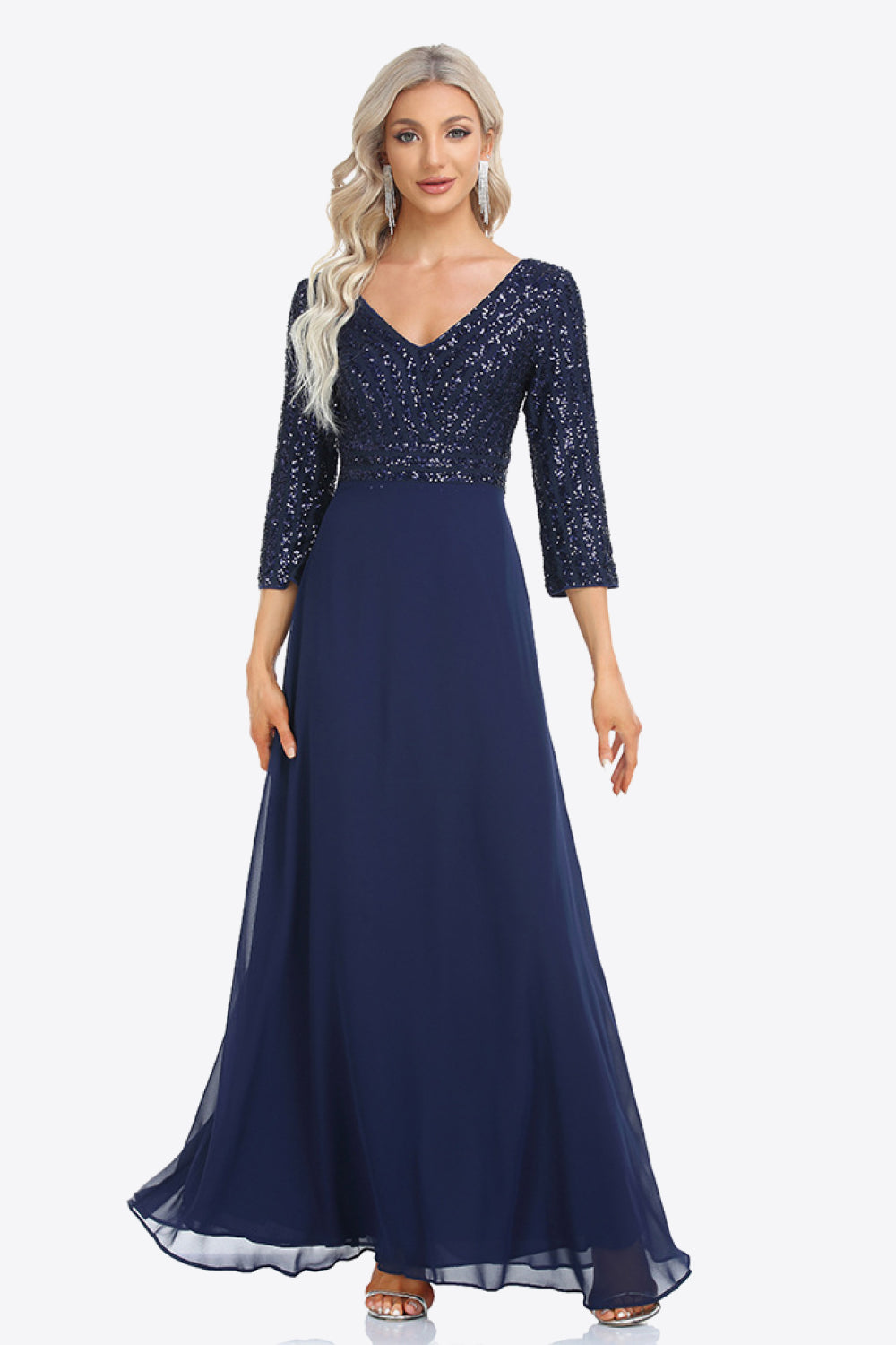 Sequin V-Neck Three-Quarter Sleeve Formal Dress