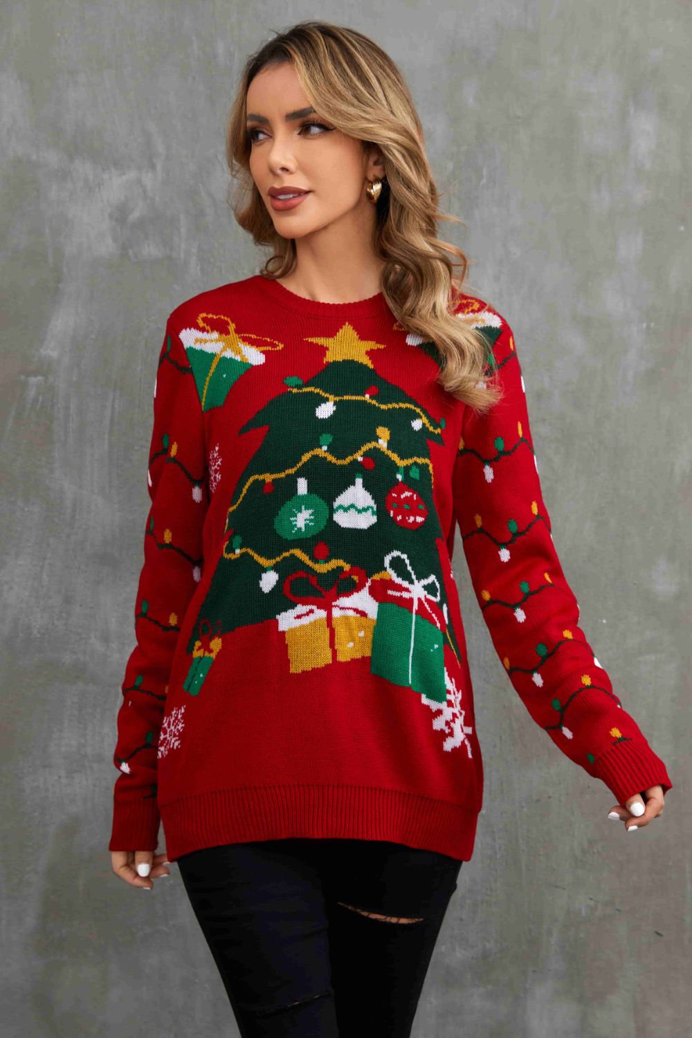 Christmas Tree Graphic Crewneck Tunic Sweater