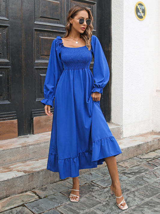 Smocked Ruffle Hem Flounce Sleeve Dress