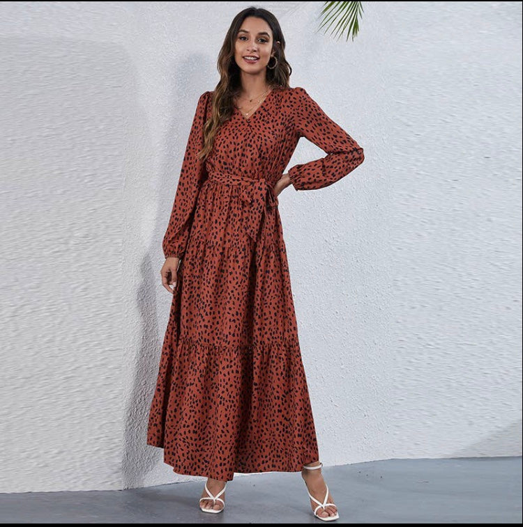 Long Sleeve Printed High Wasted Dress