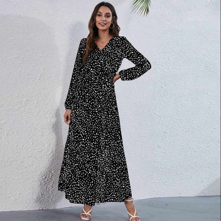 Long Sleeve Printed High Wasted Dress