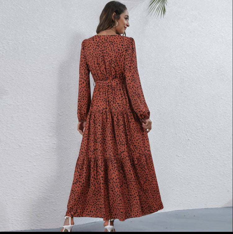 Long Sleeve Printed High Wasted Dress